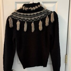 Black Turtleneck Tassel-Trim Knit Sweater